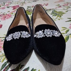 Adrienne Vittadini Black Loafers with Crystal Accents